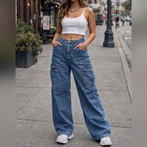 Aeropostale Blue Wide-Leg Cargo Jeans High Rise Y2K Streetwear Baggy Denim Pants